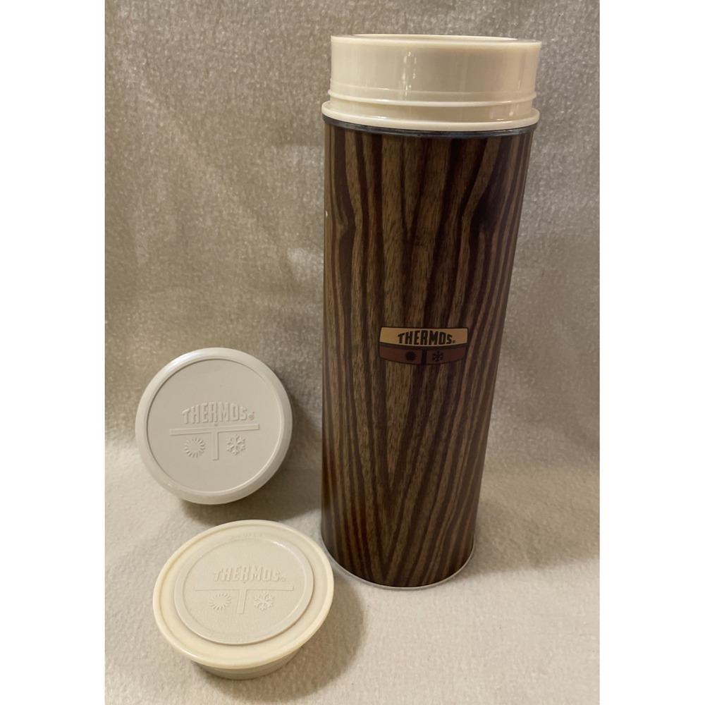 Vintage Original 70's Thermos Bottle Hot Cold CLEAN Complete Wood Grain Design